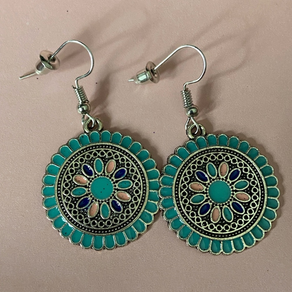 Earrings 2 Pairs Silver Tone Boho- 1 Multi Color Teardrop, 1 Circular Aqua Green